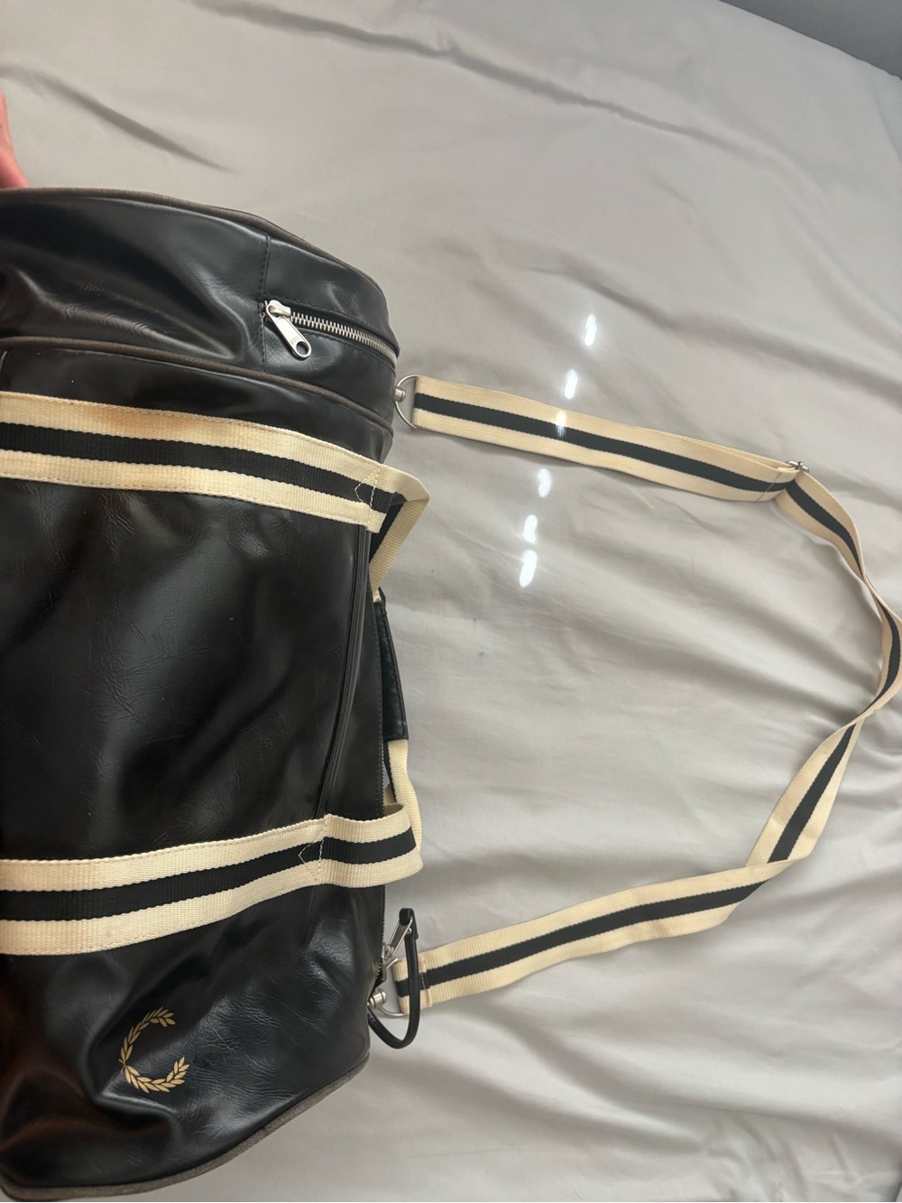 Fred Perry Black Duffel Bag with Cream-Black Striped Strap